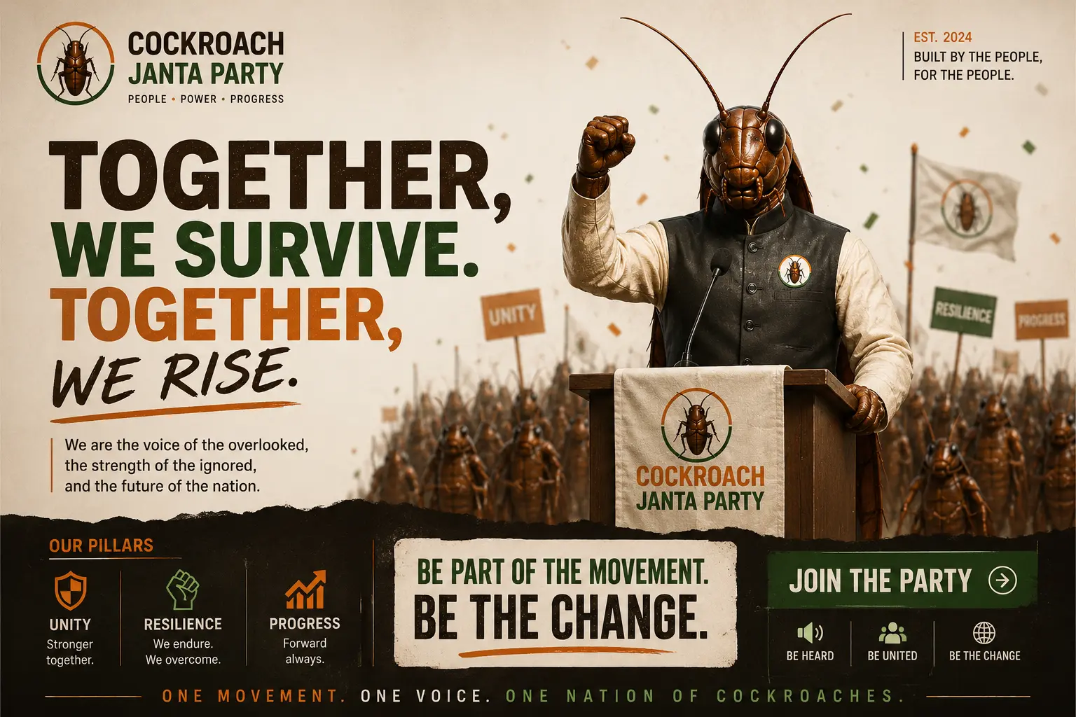 Cockroach Janta Party official poster — Together We Survive, Together We Rise